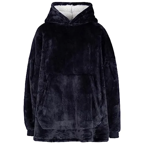 Trespass Cosiness Hoodie in Navy – Übergröße - Entdecken Sie den Trespass Cosiness Hoodie: Übergroßer Kapuzenpulli mit weichem Sherpa-Fleece, ideal für kalte Tage. Praktische Fronttasche und kompaktes Packmaß machen ihn zum perfekten Begleiter für unterwegs.