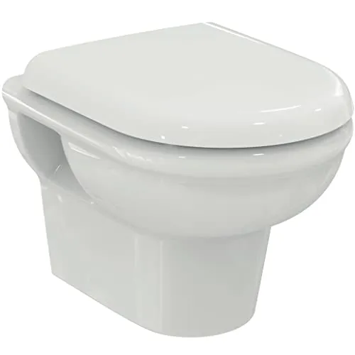 Ideal Standard Exacto Wandhängendes WC-Becken-Set, Hänge-WC mit CL1 Vollspülung 3.9-6 l/min, horizontaler Abgang, spülrandlos, platzsparend – Weiß (360 x 485 x 405 mm)