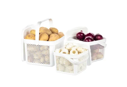 uandu Kartoffel Aufbewahrungsbox Set 3er, ideal für Gemüse - Regalkörbe zur perfekten Aufbewahrung von Kartoffeln, Zwiebeln und Knoblauch. Mit Luftlöchern für optimale Belüftung und lichtschützendem Deckel, um die Frische zu bewahren. Vielseitig einsetzbar und leicht zu transportieren.