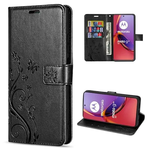 betterfon Hülle Kompatibel mit Motorola Moto G84 | Premium PU Leder Handyhülle Wallet Case für Moto G84 | Schutzhülle Blumen Klapphülle Handyhülle | Schwarz