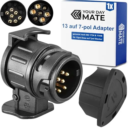 auf 7-pol Adapter Stecker, Set mit Parking Cover, Steckverbindung 7pol Anhängerstecker zu 13 Pol Auto Steckdose, 13-7 Pin Anhängeradapter nach ISO 11446 und 1724 genormt, AHK Verbinder 12 V Systeme 13