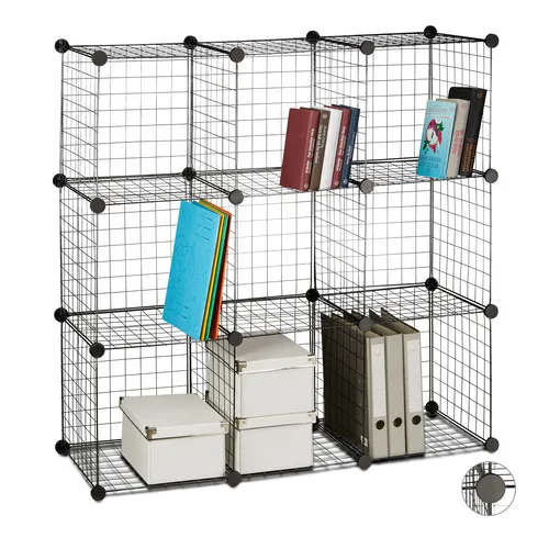 Steckregal Gitterregal mit 9 Fächern - Modular und stapelbar, ideal für jede Raumgestaltung. Größe: 35 x 35 cm, stilvolles Design in Schwarz für optimale Aufbewahrung.