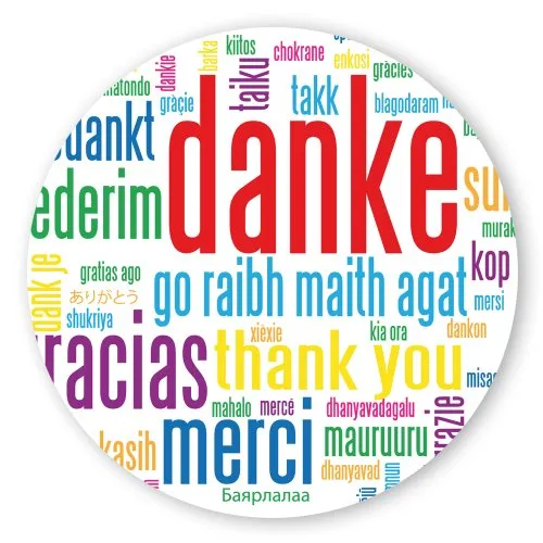 Geschenk-Aufkleber Danke in verschiedenen Sprachen, rund Ø 30mm selbstklebende PE-Folie, 100 Stück auf Rolle