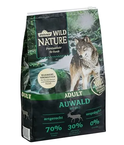 Dehner Wild Nature Hundefutter Auwald, getreidefreies Trockenfutter für Hunde - Premium Hundefutter in 4 kg, speziell für kleine und mittlere Rassen. Hoher Fleischanteil kombiniert mit Gemüse und Obst, ohne Getreide und Zucker für eine gesunde Ernährung.