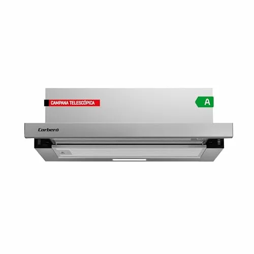 Corberó VINSON635X Teleskophaube, Edelstahl, 60 cm, Durchflussmenge 350 m³/h, Leistung 65 W, 2 Geschwindigkeiten, Aluminiumfilter 3 Schichten, Kohlefilter, Energieeffizienz B