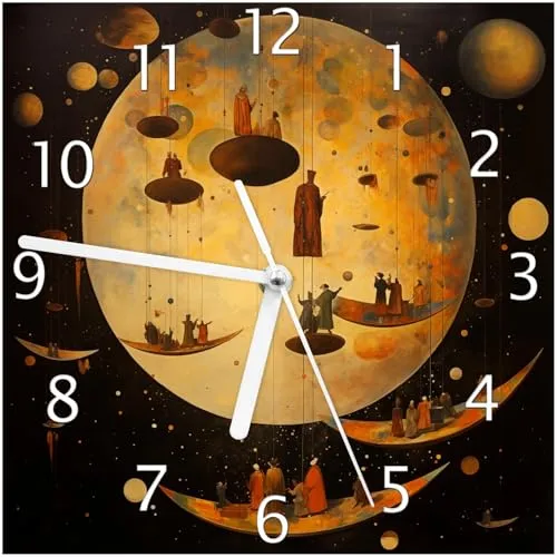 Wallario Design-Wanduhr Mondtheater aus Glas, Motiv-Uhr Größe 20 x 20 cm, weiße Zeiger