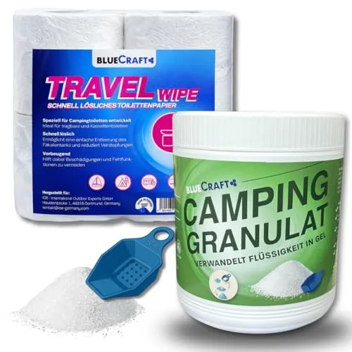 Bluecraft Camping Sanitär-Zubehör Set – 12 Rollen Travel Wipe Toilettenpapier + Granulat Superabsorber | Schnell löslich & geruchsbindend | Für Chemie- & Trockentoiletten, Wohnmobil, Caravan