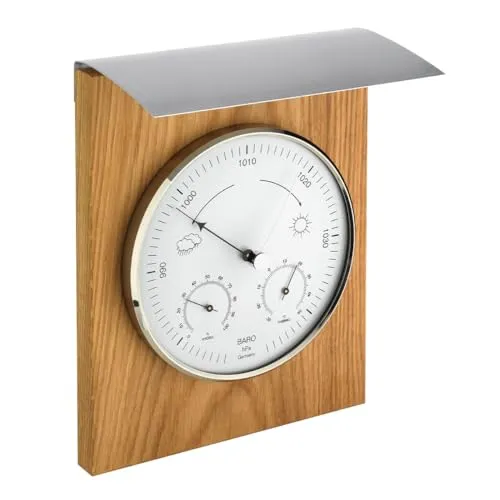 TFA Dostmann Analoge Wetterstation - Wetterstationen aus geölter Eiche, wetterfest und ideal zur Kontrolle von Temperatur und Luftfeuchtigkeit für präzise lokale Wettervorhersagen.