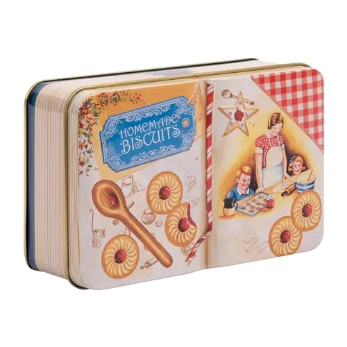 POWERHAUS24 Mini-Blechdose Backbuch Homemade Biscuits, Pralinendose, Geschenkbox, Aufbewahrung für kleine Küchenutensilien, lebensmittelecht, ca. 14 x 9 cm, Specialedition inkl. 2 Rezepte