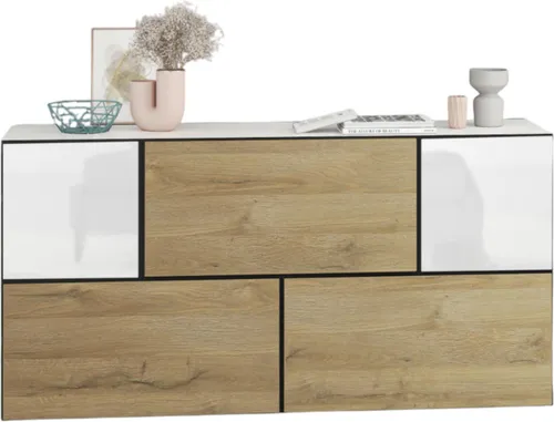 Sideboard VARIANTO 3 Schrank Set 5 tlg., 152 cm, weiß matt / Evoke Eiche / weiß Hochglanz M1