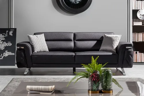 Exklusive Schwarze Textilcouch 3-Sitzer für modernes Wohnen - Stylisches 3-Sitzer Sofa in Schwarz, ideal für Wohnzimmer. Komfortabel mit mittlerem Härtegrad und edlem Polyesterbezug. Ein perfektes Möbelstück für entspannte Stunden.