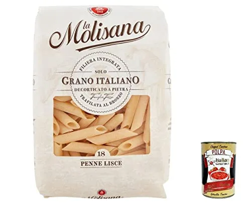 5x La Molisana Penne Lisc N. 18 Pasta Lenta Lavorazione Teigwaren aus Hartweizengrieß Bronze-Zeichnung 500g + Italian Gourmet Polpa 400g
