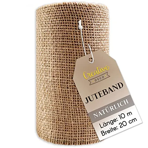 Creative Deco Juteband Jute Tischläufer | Rolle 20 cm x 10 m | Hochzeitsdeko Dekoration | Breit Naturbrauner Stoff | Kunst und Handwerk | Jutestoff Tischband | Dekorativer Boho Band