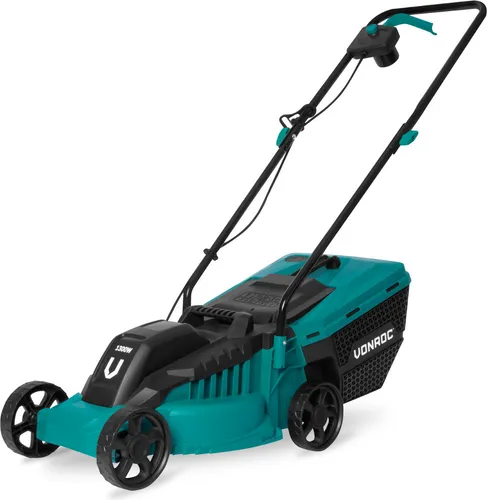 VONROC Elektro Rasenmäher 1300W - Sichelmäher für kleine bis mittelgroße Flächen, leicht und handlich mit 3 einstellbaren Schnitthöhen und 30L Grasfangkorb mit Füllstandsanzeige für müheloses Mähen.