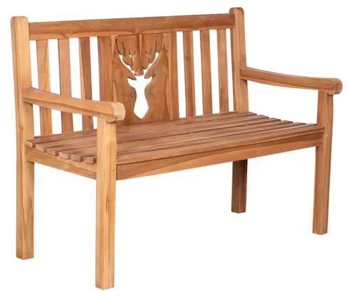 MR.DEKO Gartenbank Hufeisen Teak 120 cm - Sitzbänke: Witterungsbeständige Teak-Gartenbank mit ergonomischem Design und rustikalem Hufeisen-Motiv für höchsten Sitzkomfort im Freien.