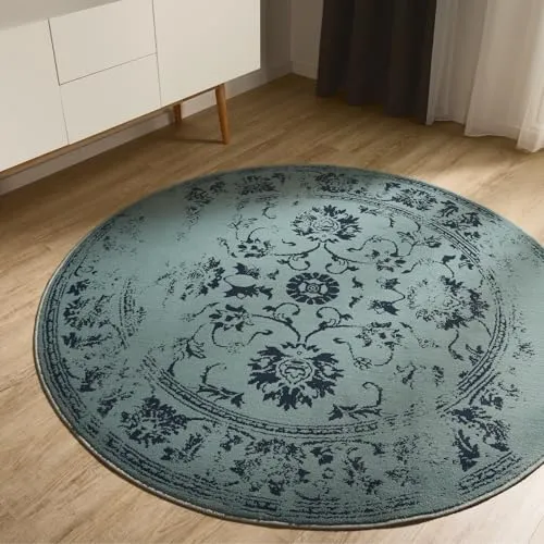 benuta Basic Teppich Suki - Türkis 120 cm Rund - Teppich in Vintage-Orient Style, pflegeleicht und ideal für Wohnzimmer oder Schlafzimmer. Lebhafte Farben und angenehmer Flor sorgen für Behaglichkeit und eine gemütliche Atmosphäre.