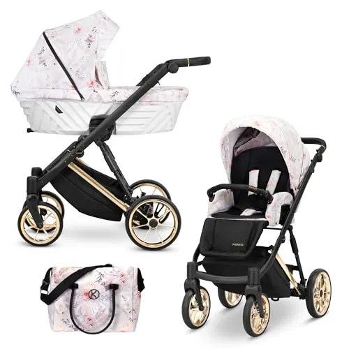 Kunert® IVENTO 2 in 1 Kinderwagen Kombikinderwagen komplettset I incl. Babywanne & Buggy Sportsitz mit Wickeltasche/Regenschutz +Fußsack I IVE 04 DELICATE FLOWERS/GOLD FRAME