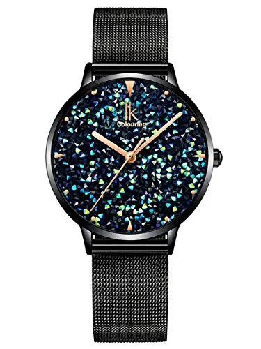 Alienwork Damen Armbanduhr Schwarz mit Glitzer - Elegante Armbanduhr für Damen mit Japanischem Quarzwerk, funkelnden Natursteinen und einem bequemen Mesh-Armband, ideal für jeden Anlass.