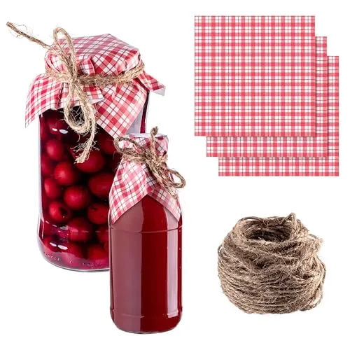 KADAX Schmuckdeckchen für Einmachgläser, dekorative Deckchen mit Jutekordel für Marmeladengläser, Marmeladendeckchen aus Papier (Rotes Karomuster, 10 Stück)