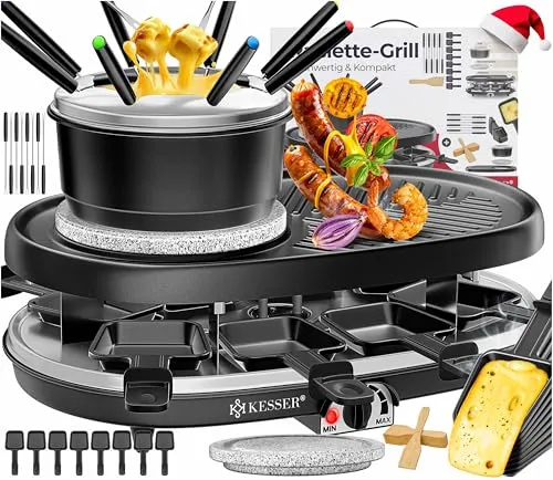 KESSER® 3in1 Raclette-Grill mit Natursteinplatte & Fondue - Raclette-Grill mit Natursteinplatte, 1500 W Leistung und vielseitigen 3in1-Funktionen – ideal für gesellige Abende und kulinarische Erlebnisse.