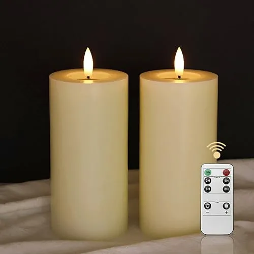 LUCOZA 2er Set Flackernde Flammenlose LED Kerzen mit Timer und Fernbedienung für Innen, 15 cm Batteriebetriebene LED Echtwachskerzen, Realistische Stumpenkerze mit 3D-Dochtlich, Creme