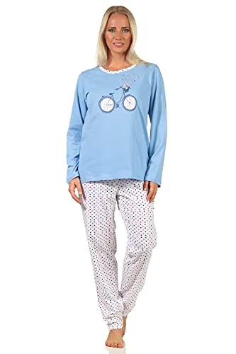 Damen Schlafanzug Langarm, Pyjama in frühlingshafter Optik mit Punkten - 66538, Farbe:blau, Größe:44-46