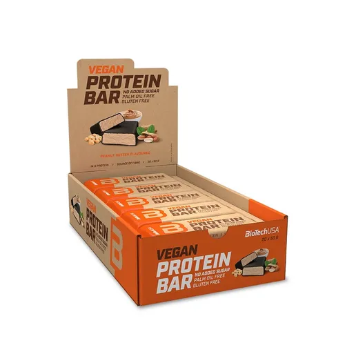 BioTech USA Vegan Protein Bar Erdnussbutter, 20 x 50 g - Leckere Sportriegel mit Erdnussbuttergeschmack, ideal für den Snack zwischendurch. Hoher Proteingehalt, perfekt für aktive Lebensstile.