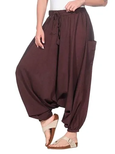Kunst und Magie Orientalische Haremshose - Dunkelbraun, Unisex - Damen-Hosen mit klassischem indischen Schnitt, aus 100% handgewebter Baumwolle, bequem dank Gummizug & Kordel für perfekten Sitz.