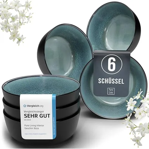 Steingut Müslischalen 6 Personen Ibiza TESTSIEGER, Traumhaftes Mediterranes Steingut Müsli Schüssel Set, Kleine Schüssel, Müslischale - Pure Living in Petrol