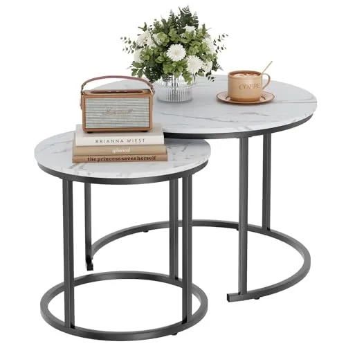 Beistelltisch Set Rund, Couchtisch 2er Set, Sofatische, Couchtisch aus Holz mit Metallrahmen, Living Room Table, Kaffeetisch, Wohnzimmertisch, Tischkombination fürs Wohnzimmer, Balkon, Weiß+Schwarz