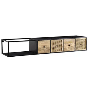 Wohnling Lowboard WL6.588 - Hängend aus Mango Massivholz & Metall - Stylisches TV-Lowboard in Schwarz, handgefertigt mit einzigartigen Schubladenfronten aus Rattan und Massivholz, ideal für TVs bis 55 Zoll und bietet viel Stauraum.