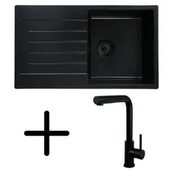 Caressi CAQPP770R10BK-EB Spüle, Einbau mit Küchenarmatur CABL003BKU. Schwarz.