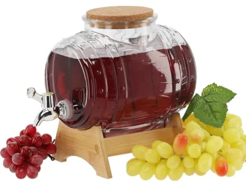 3L Glasfass mit Holzständer – Getränkespender mit Zapfhahn für Whisky, Schnaps, Wein und andere Getränke – Karaffe mit Holzuntersatz, Alkoholspender