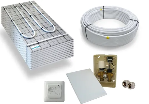 HoWaTech Fußbodenheizung TAC Warmwasser Komplettset mit E-Regelbox und Raumthermostat - HoWaTech Fußbodenheizung in 5 oder 10 m², inklusive Raumthermostat und Systemplatten mit aufgedrucktem Verlegeraster. Ideal für Renovierungen, wartungsfrei und energieeffizient.