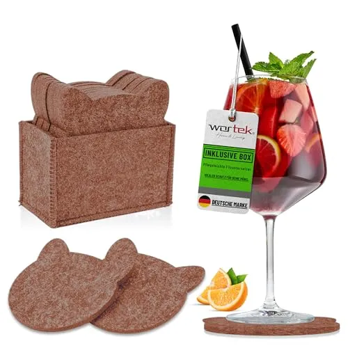 wortek Filz Untersetzer Gläser Braun in Katzenform – 10er Set mit Aufbewahrungsbox, Glasuntersetzer für Getränke, Tassen, Bar, Glas - Ø 10cm Tischuntersetzer Filzuntersetzer Gläser