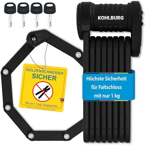 KOHLBURG Fahrrad Faltschloss höchste Sicherheit bei nur 1kg – 89cm Modell Wien – Fahrradschloss mit Halterung – sehr sicheres Fahrradschloss als e Scooter Schloss & eBike Faltschloss Fahrrad sicher