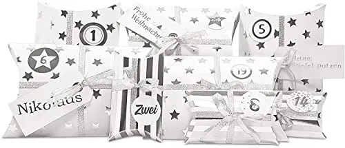 Frau WunderVoll® DIY Adventskalender zum Befüllen HoHoHo Metallic, matt weiß, Silber/Weihnachtskalender Bastelset Weihnachten,Schachteln,Kissenschachteln, Pillowbox, Kinder, Zahlen, Geschenkbeutel