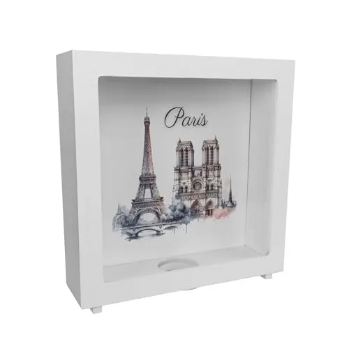 Wahrzeichen Paris Rahmen Spardose aus Holz Eiffelturm Louvre Design Notre-Dame Ansicht Sacré-Cœur Dekor Triumphbogen Motiv Montmartre- Panthéon-Optik