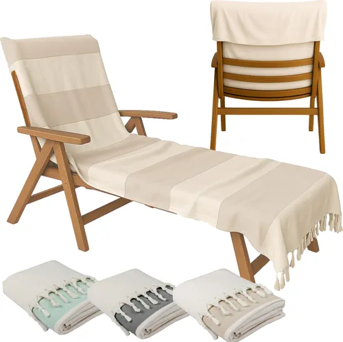Schonbezug für Sonnenliege 200x70cm mit Kapuze 100% Baumwolle für Gartenliege Liegenhandtuch mit Umschlag Liegestuhl Bezug Strandliege Braun