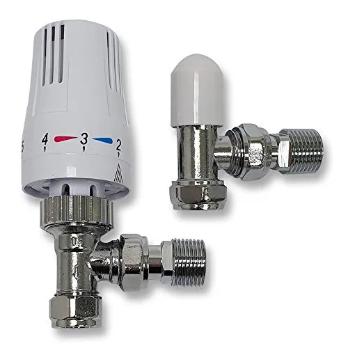 Essential Shopping TRV Thermostatisches Heizkörperventil + Rücklaufverschraubung, 1/2 Zoll x 15 mm, weiter Winkel, Weiß