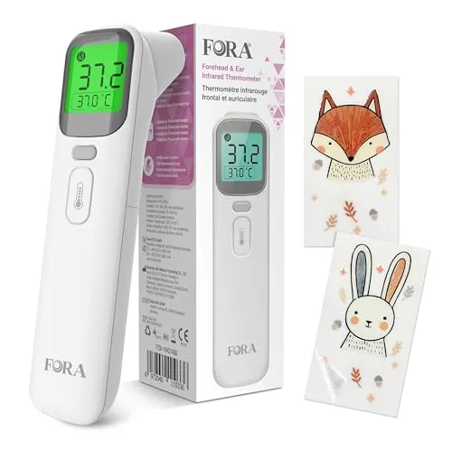 FORA Fieberthermometer Baby & Digital - Fieberthermometer für Babys: Multi-Funktionsthermometer für Ohr und Stirn mit farbcodierter Fieberanzeige und Lautlosmodus – ideal für entspannte Nächte!