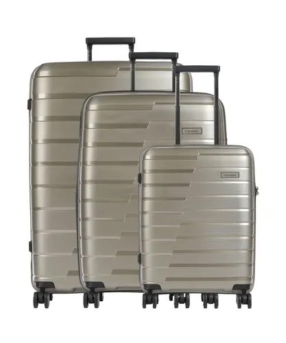 Travelite Air Base 4-Rad Trolley Set L/M/S Champagner - Koffer-Set aus robustem Polypropylen, ideal für Vielflieger. Mit einzigartigem Oberflächendesign und erweiterbarem Volumen (Größe M) für flexibles Reisen.