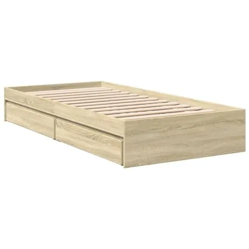 Bettgestell Sonoma-Eiche mit Schubladen 100x200cm - Modernes Bettgestell aus Holzwerkstoff mit praktischen Schubladen für zusätzlichen Stauraum. Ideal für Ordnung im Schlafzimmer und ausgestattet mit robusten Latten für optimalen Schlafkomfort.
