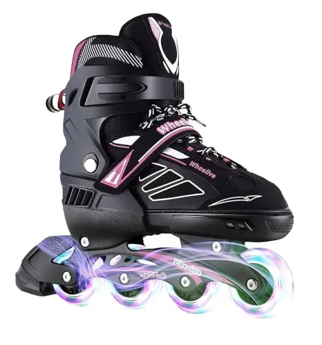 Wheelive Inline Skates für Kinder, Verstellbar Inliner für Jugendliche & Erwachsene in Versch, Rollschuhe Damen Atmungsaktive Freizeit Rollerblades Leucht Inline-Skates,Schwarz Rosa,M