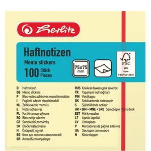 Herlitz Haftnotizen 790287, gelb, 75 x 75mm, selbstklebend, 100 Blatt