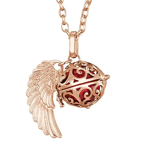Morella Halskette Damen roségold Edelstahl 70 cm mit roségoldenem Anhänger Engelsflügel und Klangkugel rot Ø 16 mm in Schmuckbeutel