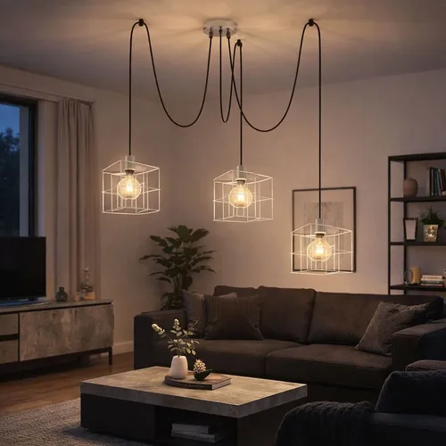 Hängelampe Pendellampe 3-flammig, höhenverstellbar aus Metall - Moderne Hängelampe für Wohnzimmer und Esszimmer, 3-flammig und höhenanpassbar. Elegante Gitterschirme aus silberfarbenem Metall setzen stilvolle Akzente.