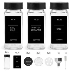 24x Gewürzgläser mit schwarzen Deckeln und Zubehör-Set