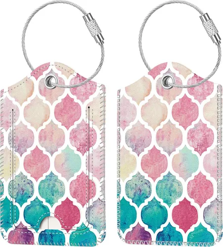 [2 Stück] Fintie Kofferanhänger mit Adressschild, Kunstleder Gepäckanhänger ID Etikett mit Edelstahl Drahtseil und Namenschild für Reisetasche Koffer, Aquarell Kariert