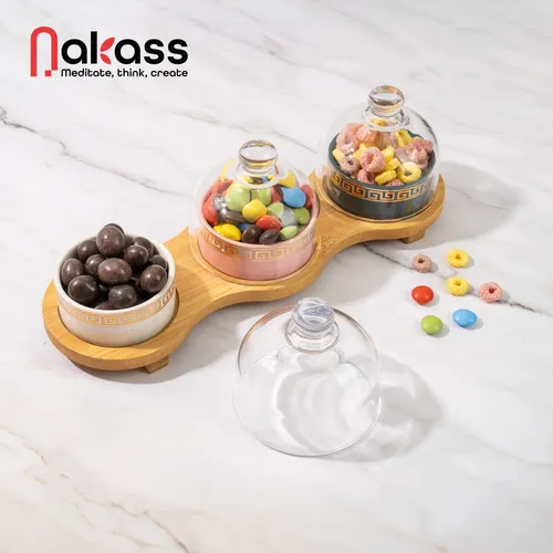 3x Snackschalen Servierschalen Set aus Keramik mit 3x Deckels + 1x Holztablett